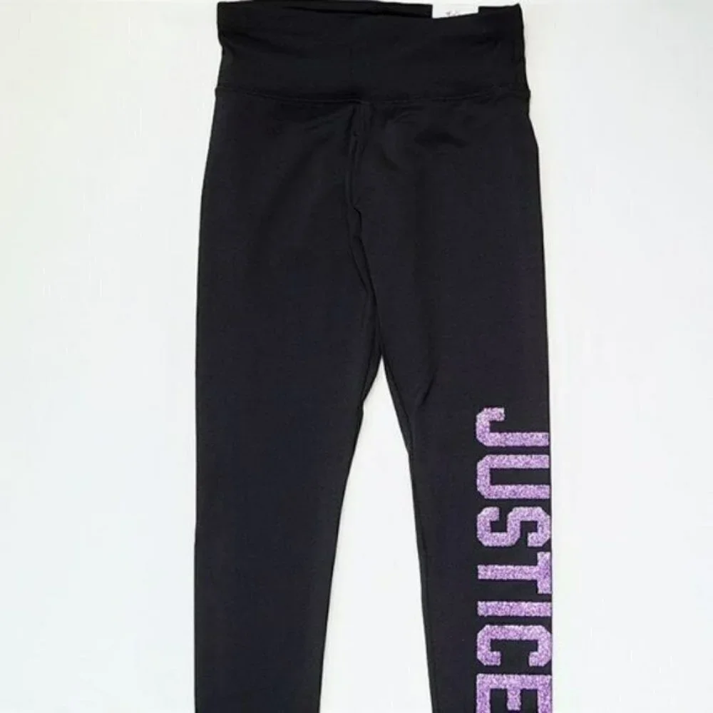 NWT JUSTICE Big Girls Glitter Logo Print Active Fit Leggings
